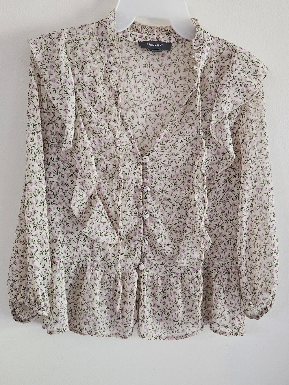 Boho Style Blouse with Pink & Green Floral Print and Ruffle Detail. Feminine